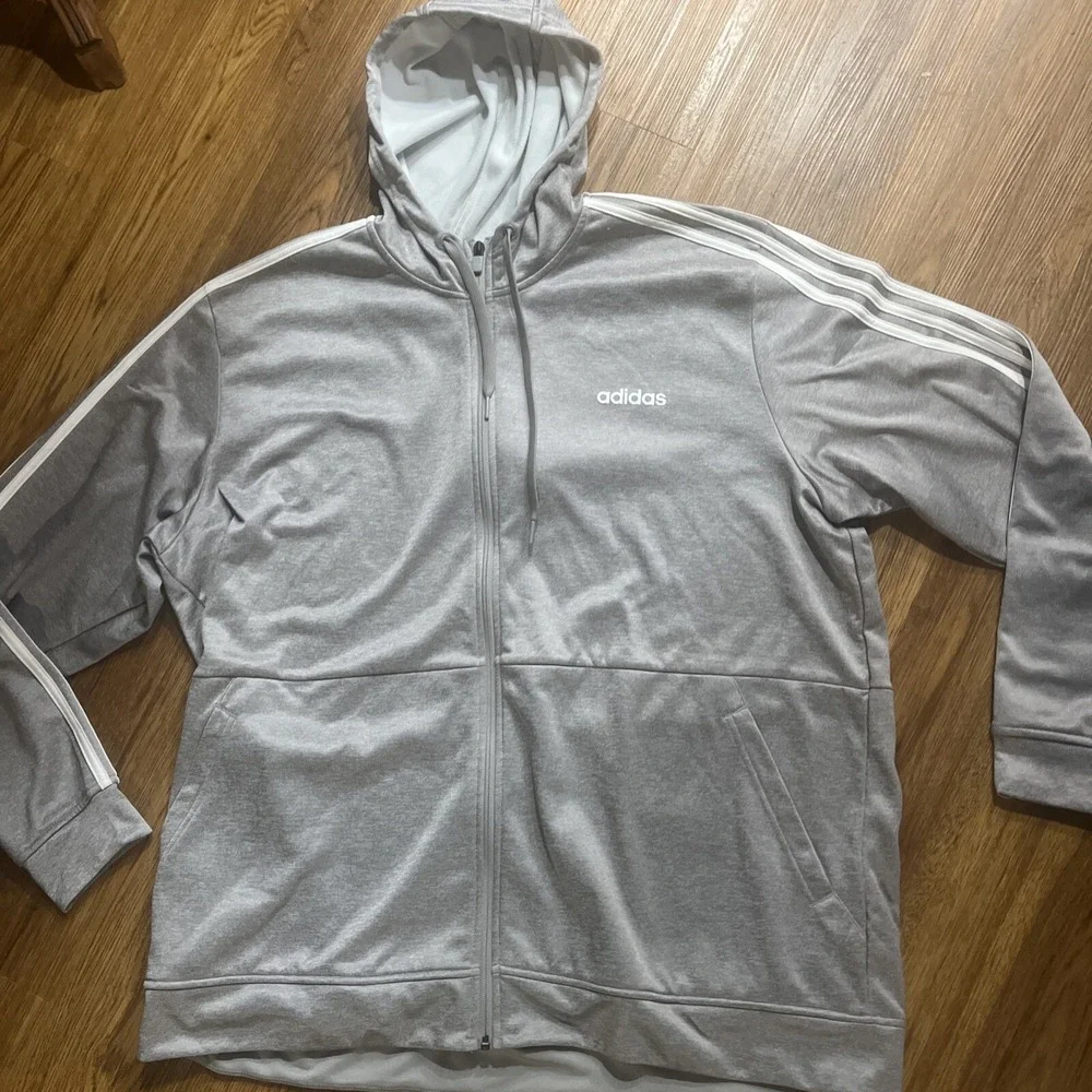 NWT Adidas Sweater‎ Mens 2XL Gray Full Zip Sweatshirt Stretch Hooded Athletic